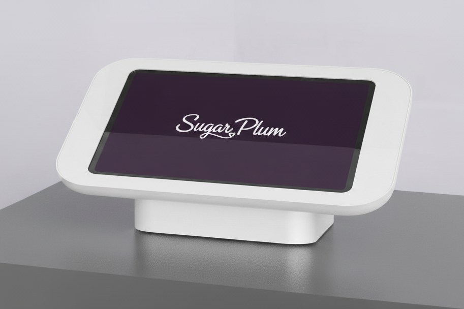 White touchscreen device with 'Sugar Plum' branding on a gray surface