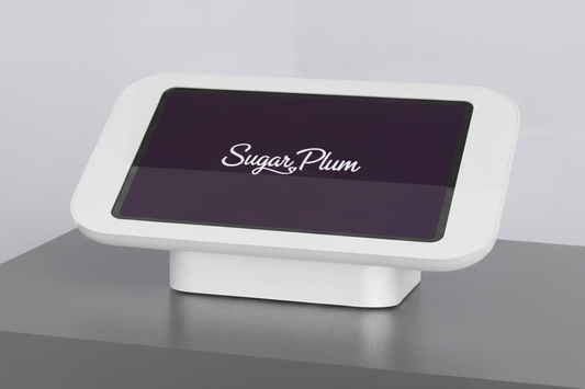 White touchscreen device with 'Sugar Plum' branding on a gray surface